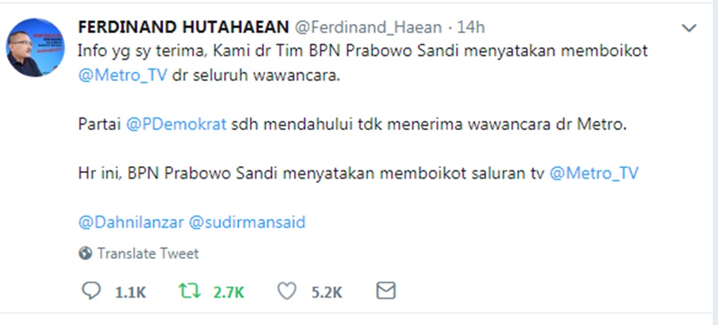 Badan Pemenangan Nasional Prabowo-Sandi Boikot Metro TV
